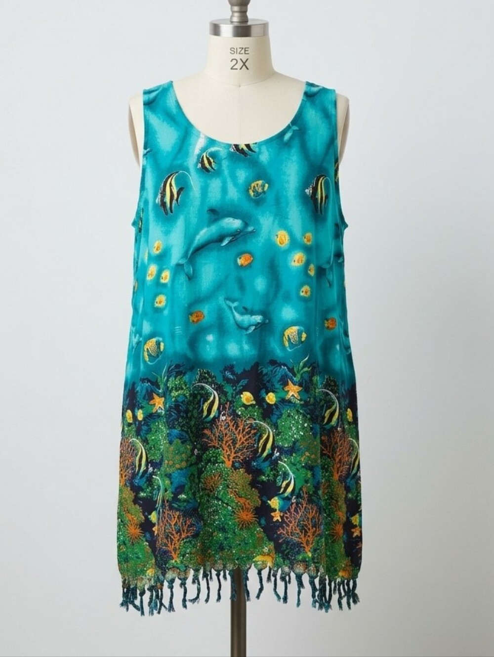Vintage Oceancore Resortwear Tropical Fish Dolphin Print Fringe Dress 1X/2X?